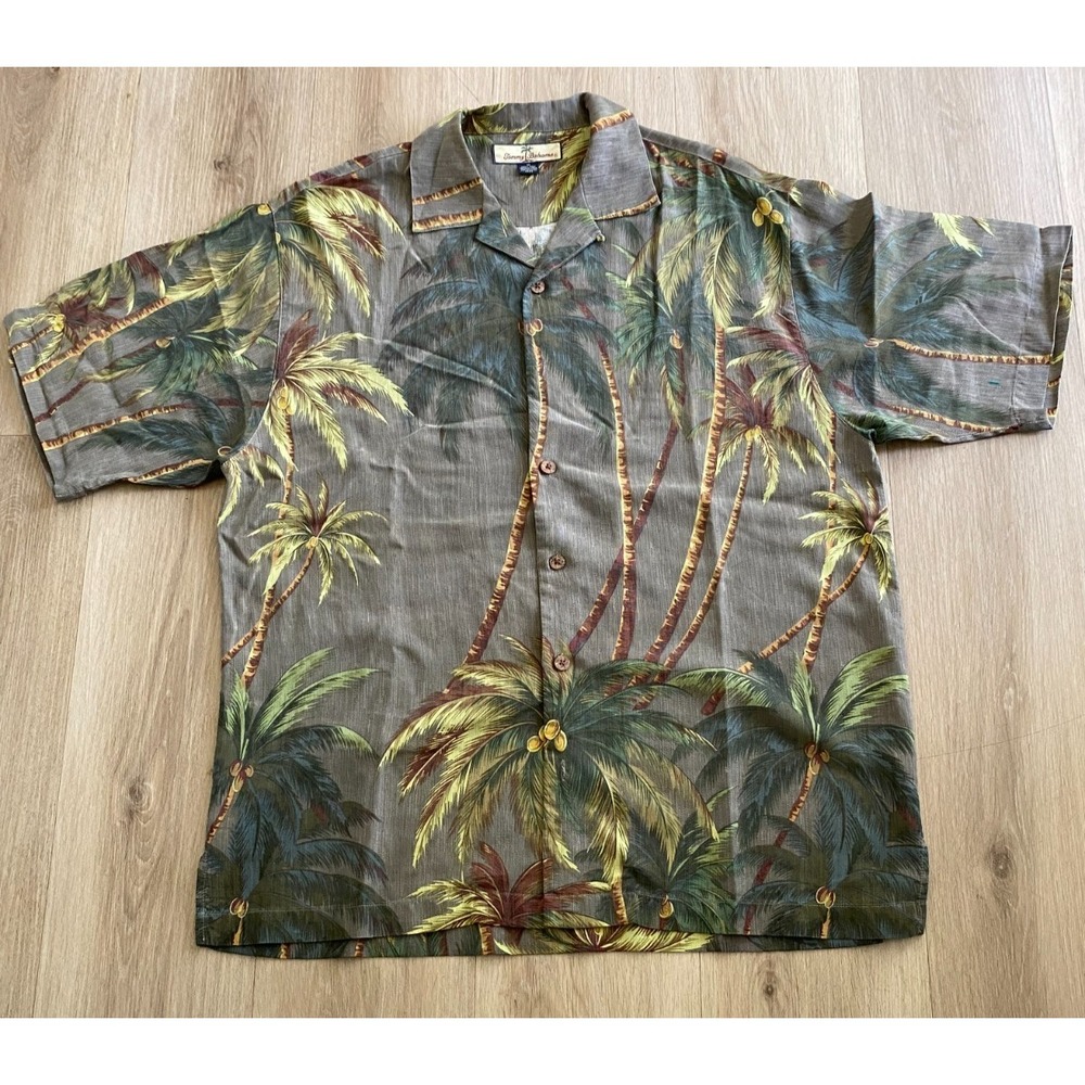 Tommy Bahama Mens Hawaiian Shirt Green Palm Tree Tropical Silk Button Up M